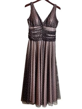 K Studio Collection Mesh Fit & Flare Midi Dress Brown & Pastel Pink Polka Dot 10